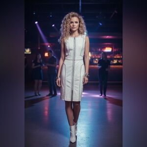 Y2K BEBE Leather  Winter White Sleeveless Dress Grommet Trim Medium